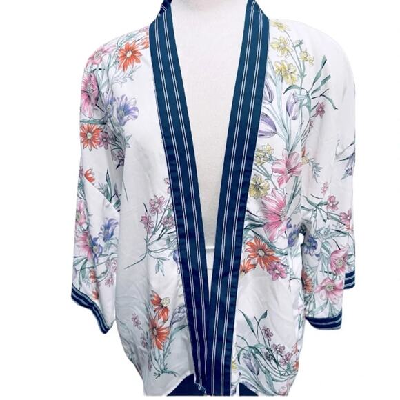 Cupio Floral Kimono Cardigan Top Open Front Boho Striped Navy Trim Size L - Picture 9 of 9